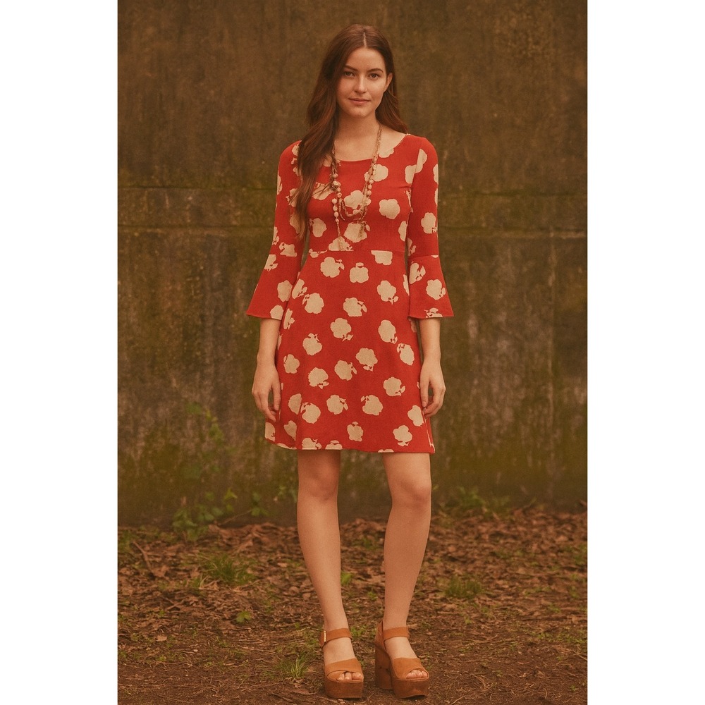 Boden Miriam Red Floral Print‎ Bell Sleeve Dress Size US 6R Boho Whimsigoth